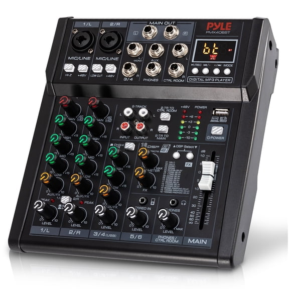 Pyle 6-Channel Audio Mixer Bluetooth DJ & Studio Mixing Console with DSP Effects, Phantom Power, MP3/USB Player, LED Display, Front Panel Controls for Recording, Stage & Home Use (Black)