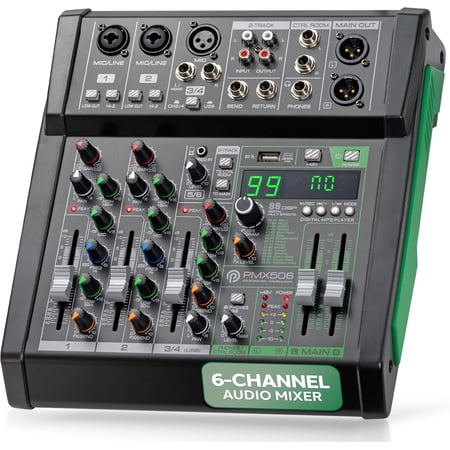 Pyle 6-Channel Audio Mixer, Bluetooth Studio Mixer/DJ Controller with Digital Effects, USB Interface, MP3 Compatible, XLR Inputs and LED Display, Audio Mixing Sound board System 10”x11”x3” inches