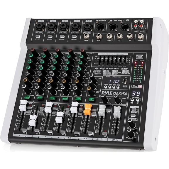 Pyle 6-Channel Professional DJ Mixer Controller – Bluetooth Audio Mixer with 7-Band EQ, 99 DSP Effects, USB Recording, Phantom Power & XLR Inputs