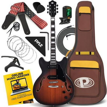 Pyle 6 String Semi-Hollow Body Electric Guitar Set - 41.8” Full-Size Jazz Instrument Kit with Complete Accessories, 22 Fret Maple Neck, Single Coil Jazzmaster Pickups, Matte and Sunburst Finish