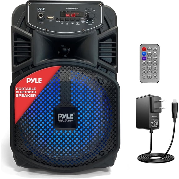 Pyle 8 Bluetooth Portable PA Speaker - 300W Karaoke Machine with Flashing LED Lights, Built-in Rechargeable Battery, FM Radio, USB/MP3 Connectivity, Max Power, Streaming