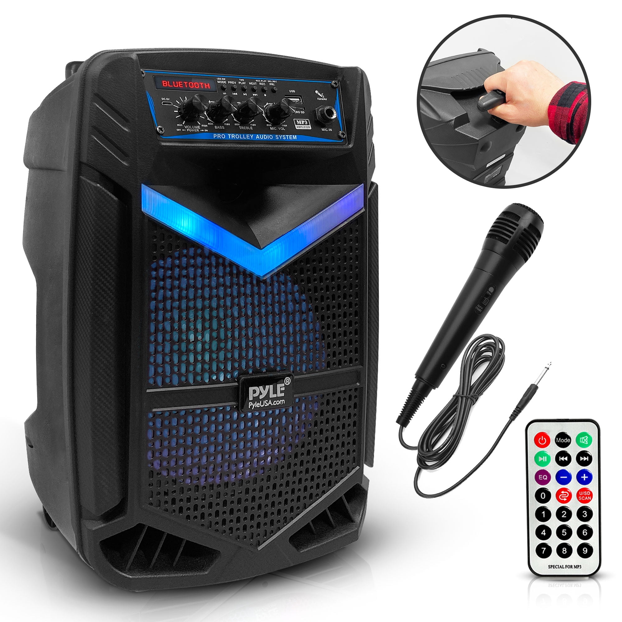 Pyle 8’’ Bluetooth Portable PA Speaker - Portable PA & Karaoke Party Audio Speaker with Built-in Rechargeable Battery, Flashing Party Lights, MP3/USB/ /FM Radio (400 Watt MAX)