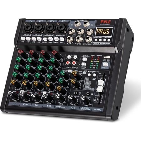 Pyle 8-Channel Audio Mixer – Bluetooth DJ & Studio Mixing Console with DSP Effects, MP3/USB Player, LED Display, Front Panel Controls for Desktop, Stage & Home Recording (Black)