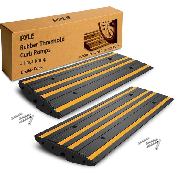 Pyle 8 Ft. Rubber Curb Ramp Set - Pack of 2 Heavy Duty Non-Slip Threshold Ramps for Driveways & Sidewalks, Waterproof, Yellow Reflective Strips, Expansion Screws Included, 48x16x2.6 Inches