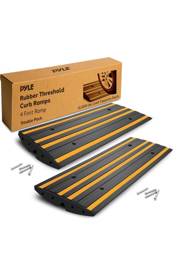 8 Ft. Rubber Curb Ramp Set - Pack of 2 Heavy Duty Non-Slip Threshold Ramps for Driveways & Sidewalks, Waterproof, Yellow Reflective Strips, Expansion Screws Included, 48x16x2.6 Inches