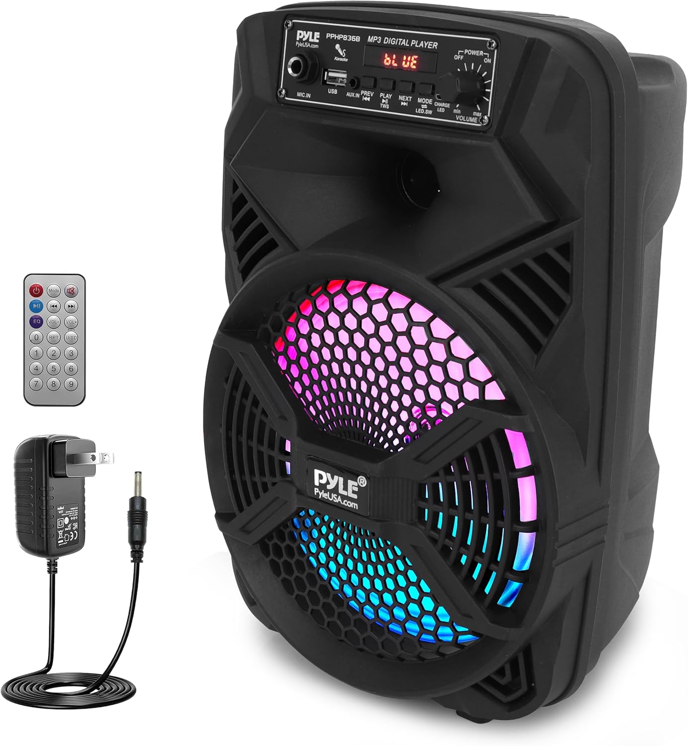 Pyle 8" Portable PA Bluetooth Speaker, 300W Max Rechargeable Speaker with LED Party Lights, MP3/USB/FM, AUX, Karaoke Ready