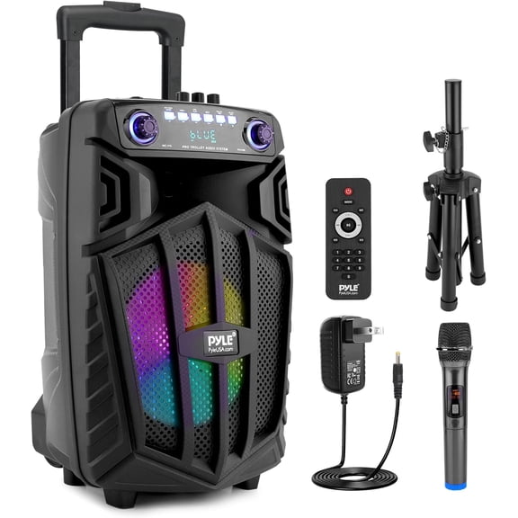 Pyle 880W Portable Bluetooth PA Speaker - 12" Rechargeable Outdoor Karaoke Party Speaker, Audio System w/Wireless Mic and Wheels, TWS, Party Lights, LED Display, 6.5mm Mic Input, FM/AUX/MP3/USB/SD