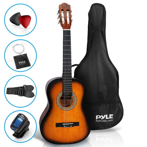 Pyle Acoustic Guitar Kit, 3/4 Junior Size Instrument for Beginner Kids, Adults, 36 Sun Burst Matte