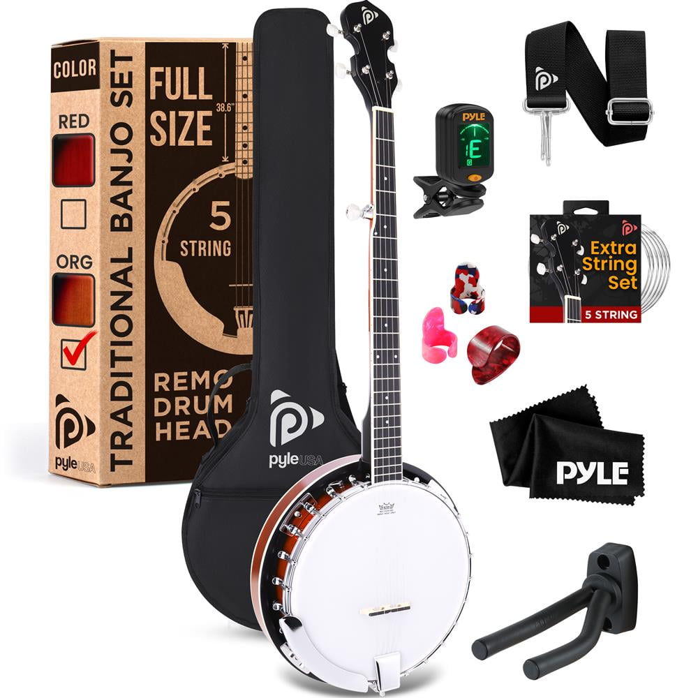 Pyle Banjo Kit with Remo Head and Sapele Resonator, 39" Full Size Traditional Open or Closed Back 5 String Instrument with 24 Brackets, Geared 5th Tuner, Premium Accessory Kit (Sun Burst)