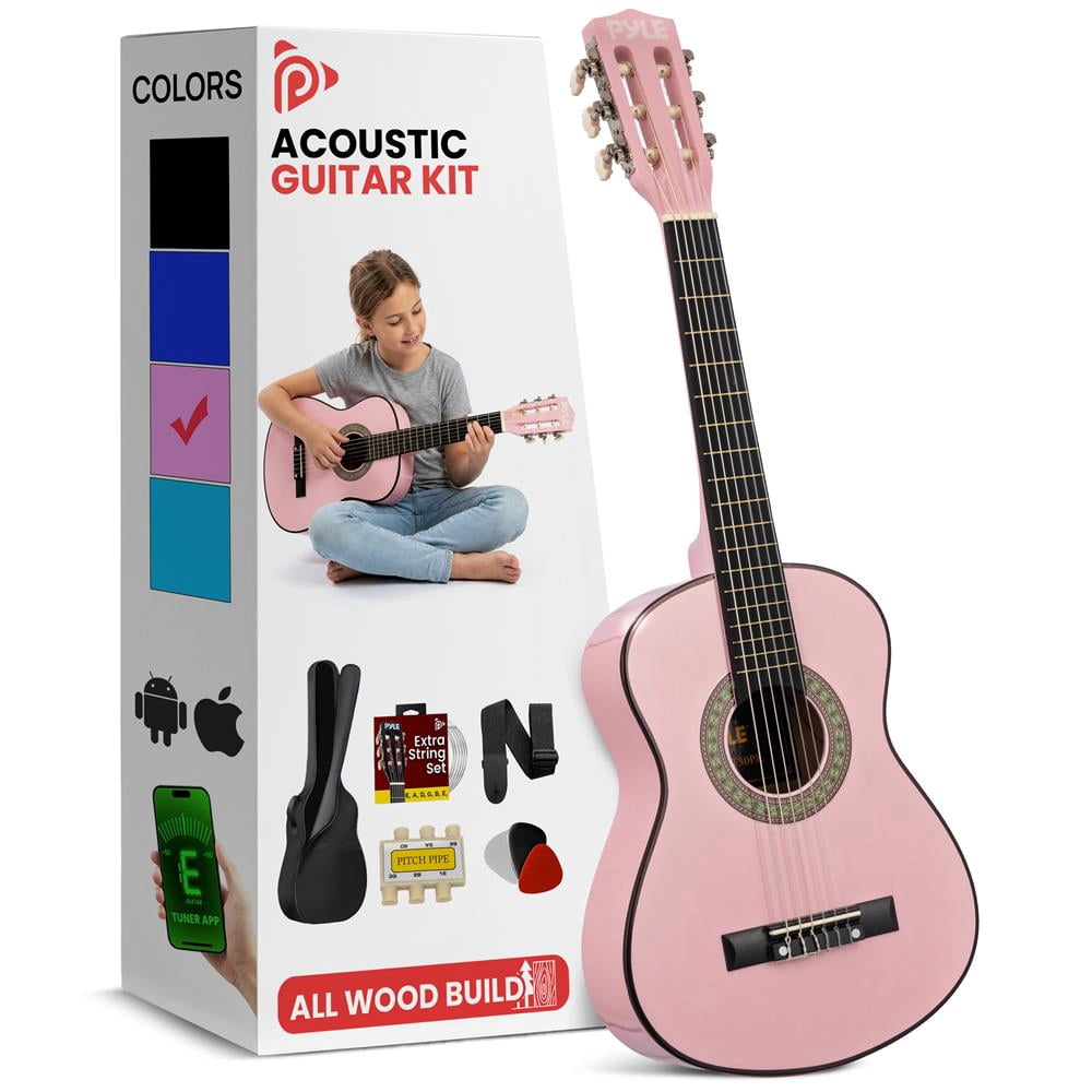 Pyle Beginner 6-String Acoustic Guitar Kit – Full-Size Guitar with Picks, Strap, Tuner & Gig Bag, Complete Starter Set for Easy Learning (Pink)