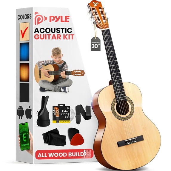 Pyle Beginner Acoustic Guitar Kit, 1/4 Junior Size All Wood Instrument for Kids, Adults, 30" Natural Ash PGACLS30.X9