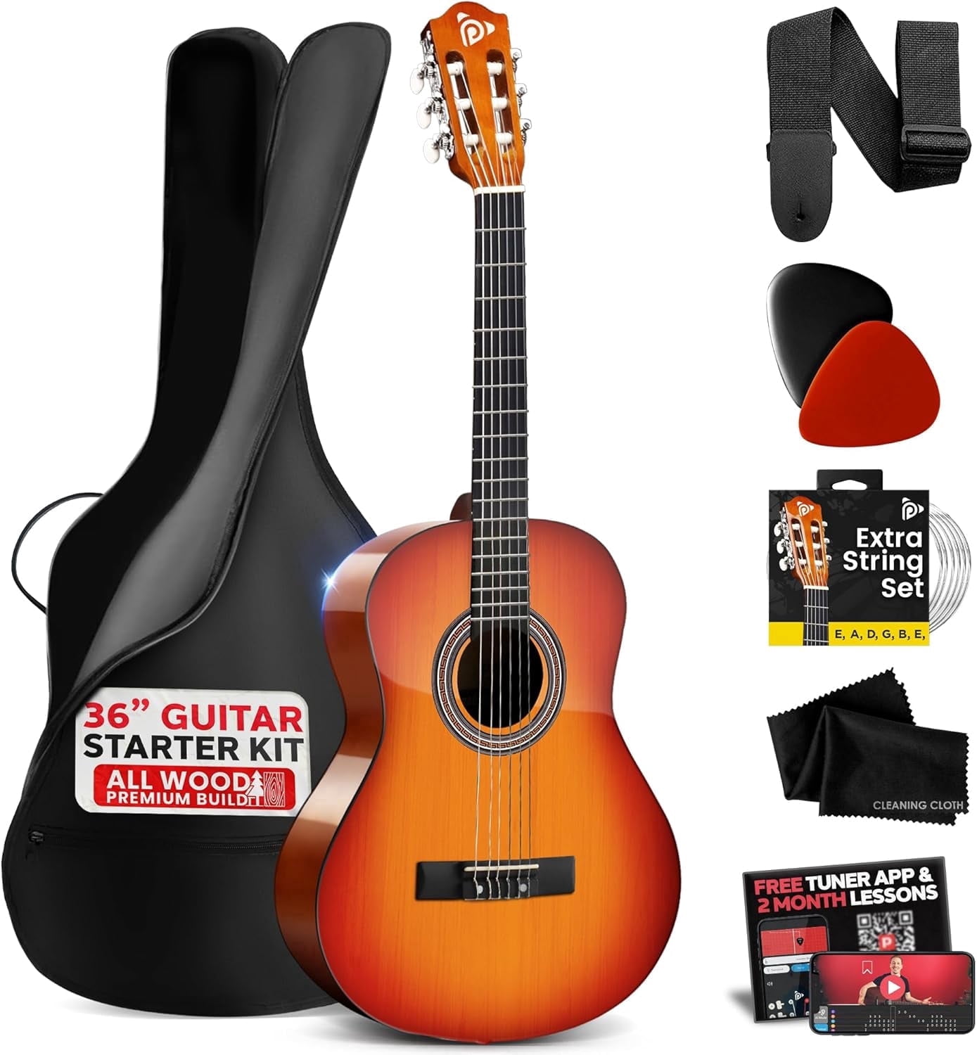 Pyle Beginner Acoustic Guitar Kit – 3/4 Junior Size 36” All-Wood Acoustic Guitar with Full Accessory Kit, Tuner App & Lessons, Cherry Burst Gloss