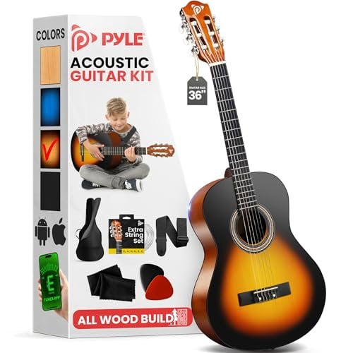 Pyle Beginner Acoustic Guitar Kit, 3/4 Junior Size All Wood Instrument for Kids, Adults, 36" Sunburst Teardrop Matte