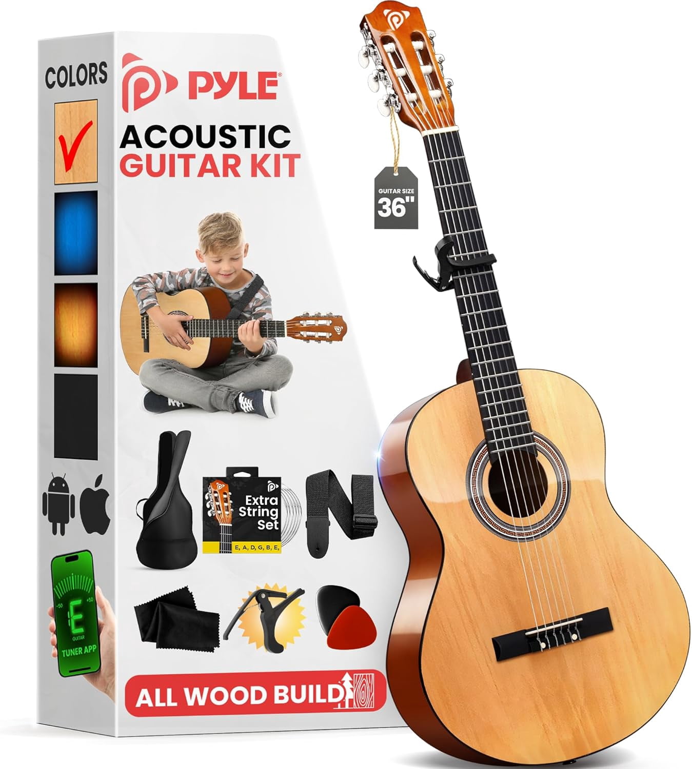 Pyle Beginner Acoustic Guitar Kit, 3/4 Junior Size, All-Wood Nylon Strings, Capo, Strap, Extra Strings, Gig Bag, 36", for Adults & Youth