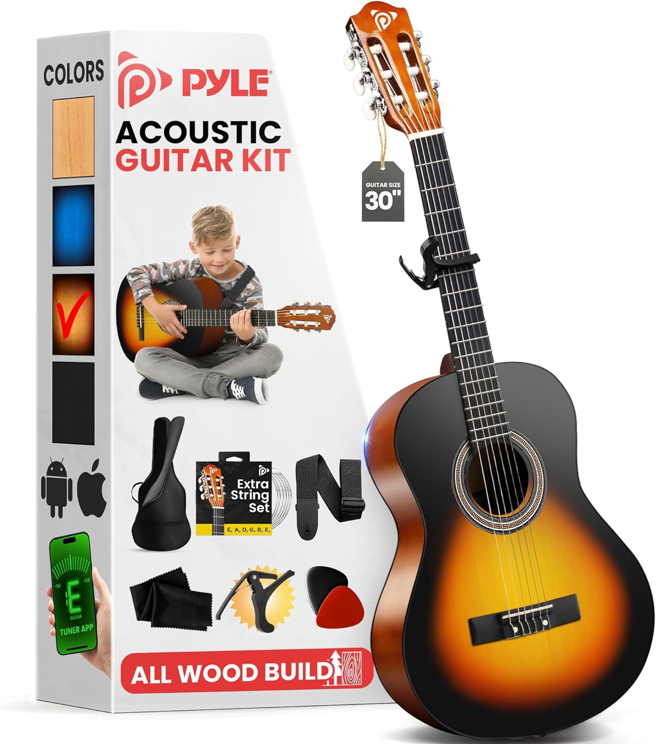 Pyle Beginner Acoustic Guitar Kit, 30" 1/4 Junior Size All-Wood Nylon String Guitar for Kids, Teens & Adults, Includes Capo, Gig Bag, Strap & Extra Strings, Sunburst Gloss