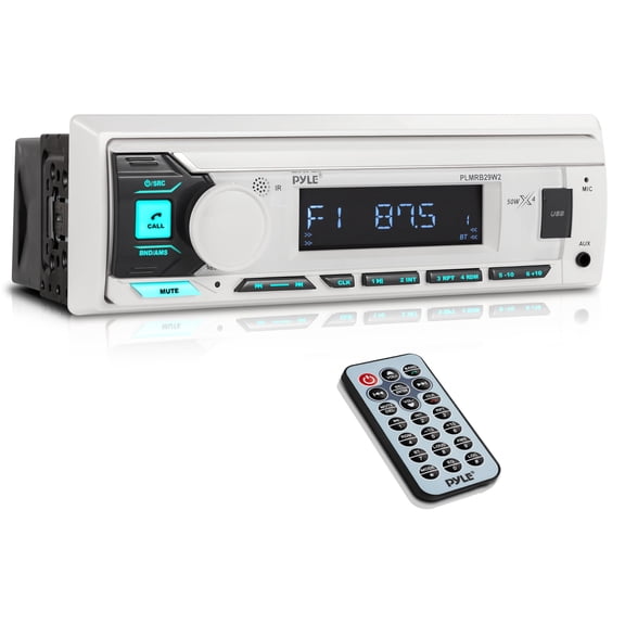 Pyle Bluetooth Marine In-Dash AM/FM Stereo Receiver, Wireless Music Streaming, Hands-Free Call Answering, MP3 Playback, USB/AUX (3.5mm) Input, Remote Control, Single DIN (White)