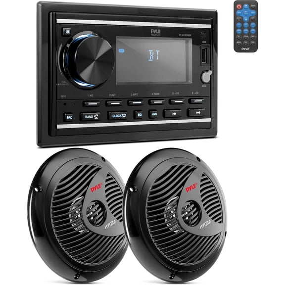 Pyle Boat Bluetooth Marine Stereo Receiver  Double DIN Head Unit, Amplifier & Speaker Kit, Hands-Free Calling, AM/FM/MP3/BT/USB/AUX, Remote Included