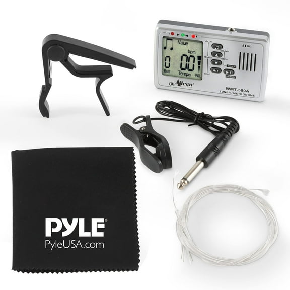 Pyle Classic Guitar Accessory Kit - Full Set of Replacement Nylon Strings, Plastic Capo, Digital Electronic Metronome, and Cleaning Cloth
