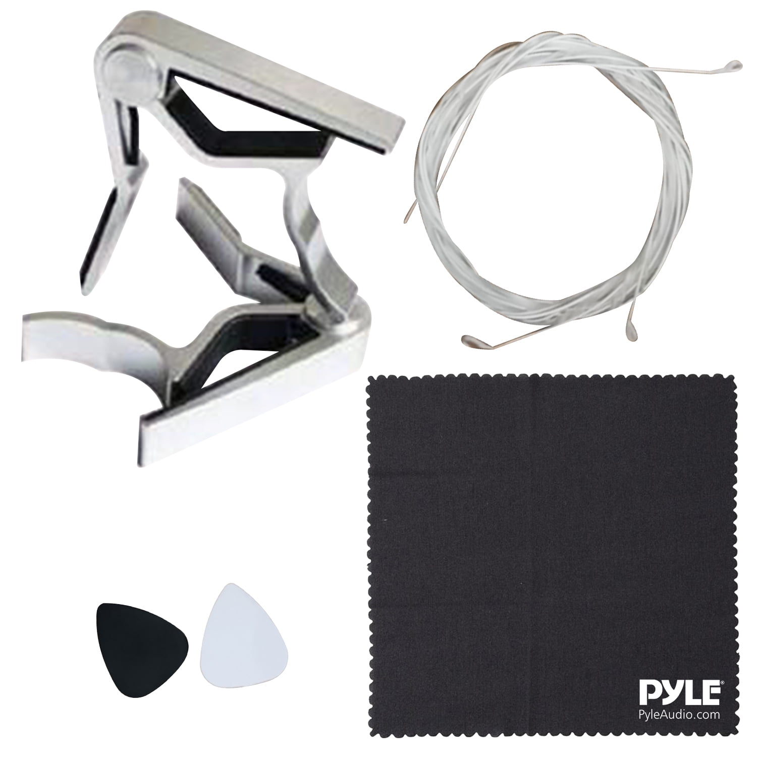 Pyle Classic Guitar Accessory Kit - Nylon Strings, Full Set of Replacement, Silver Capo with 3 pcs. ABS Picks & Cleaning Cloth