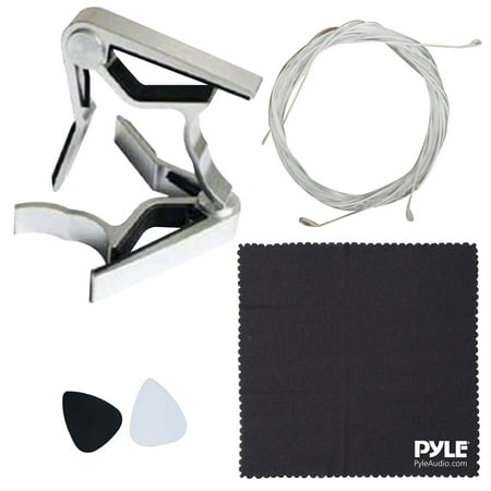 Pyle Classic Guitar Accessory Kit - Nylon Strings, Full Set of Replacement, Silver Capo with 3 pcs. ABS Picks & Cleaning Cloth