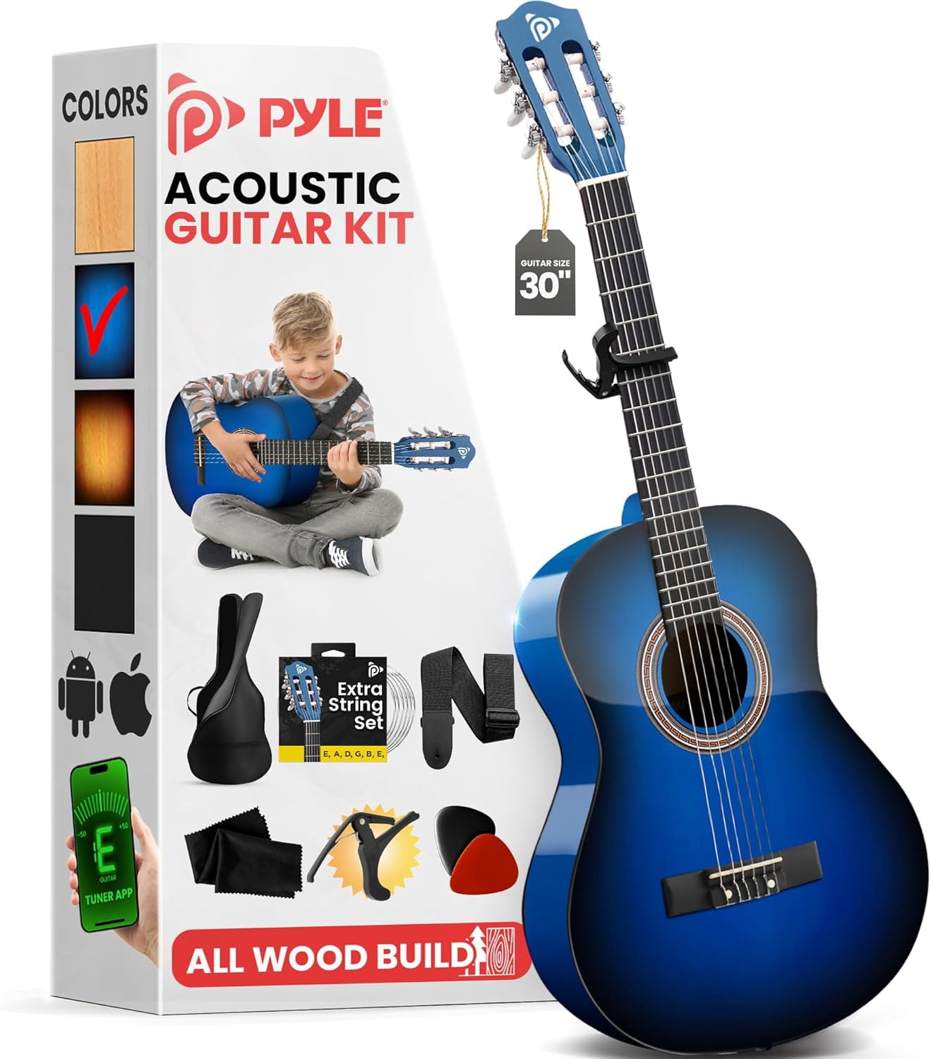 Pyle Classical Guitar Starter Kit, 30" 1/4 Size All-Wood Nylon String Guitar for Beginners, Includes Capo, Gig Bag, Strap, Picks & Strings, Blue Gloss