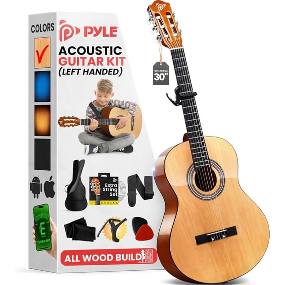 Pyle Classical Guitar Starter Kit, 30" 1/4 Size All-Wood Nylon String Guitar for Beginners, Includes Capo, Gig Bag, Strap, Picks & Strings, Natural Gloss