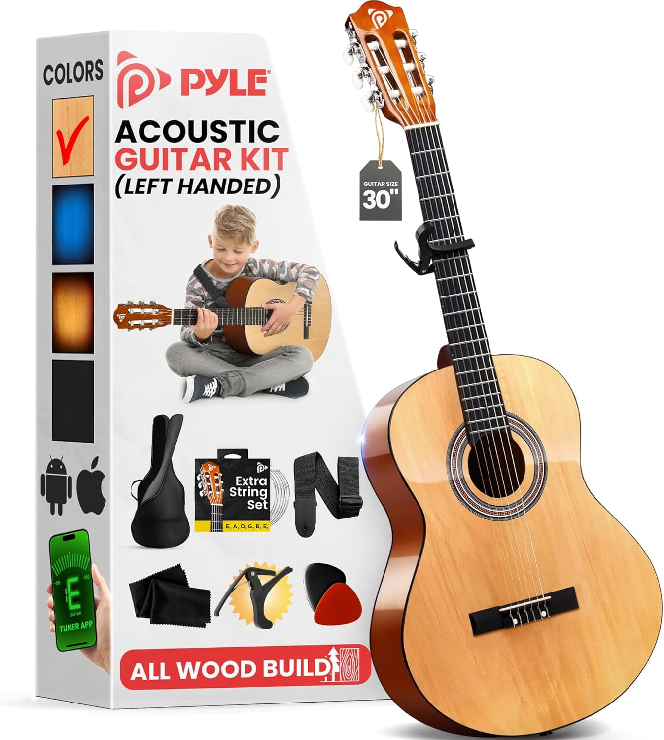Pyle Classical Guitar Starter Kit - 30" 1/4th Size All Wood Instrument with Capo, Gig Bag, Strings, Strap, Picks (Natural Gloss)