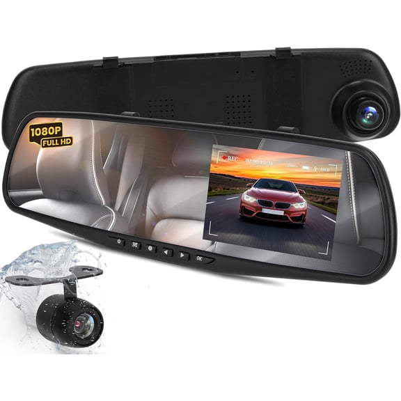 Pyle Dash Cam Rearview Mirror - 4.3 DVR Monitor Rear View Dual Camera Video Recording System in Full HD 1080p w/Built in G-Sensor Motion Detect Parking Control Loop Record Support - PLCMDVR49