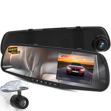 Pyle Dash Cam Rearview Mirror - 4.3” DVR Monitor Rear View Dual Camera Video Recording System