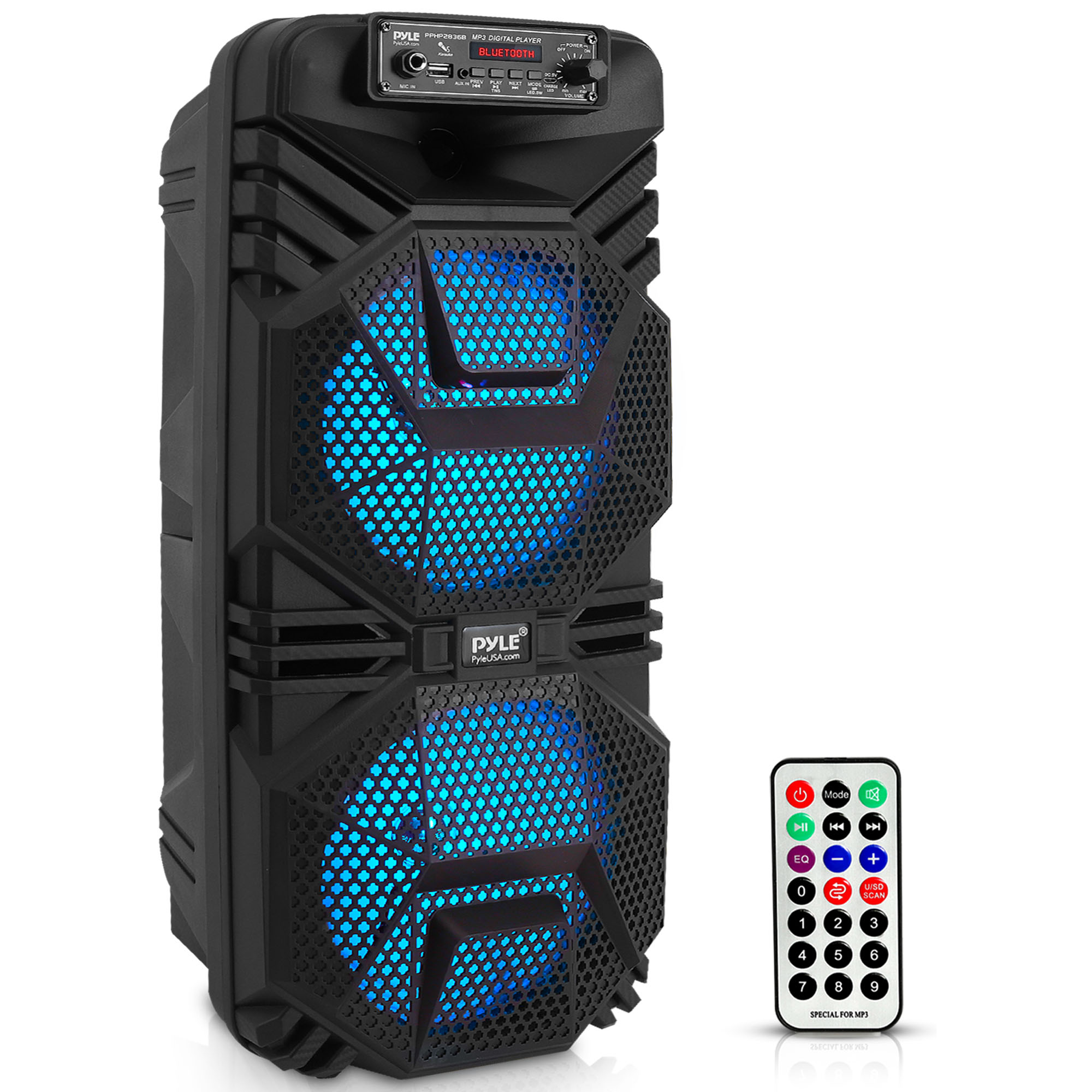Pyle Dual 8’’ Bluetooth Portable PA Speaker - Portable PA & Karaoke Party Audio Speaker with Built-in Rechargeable Battery, Flashing Party Lights, MP3/USB/ /FM Radio (600 Watt MAX) - image 1 of 3