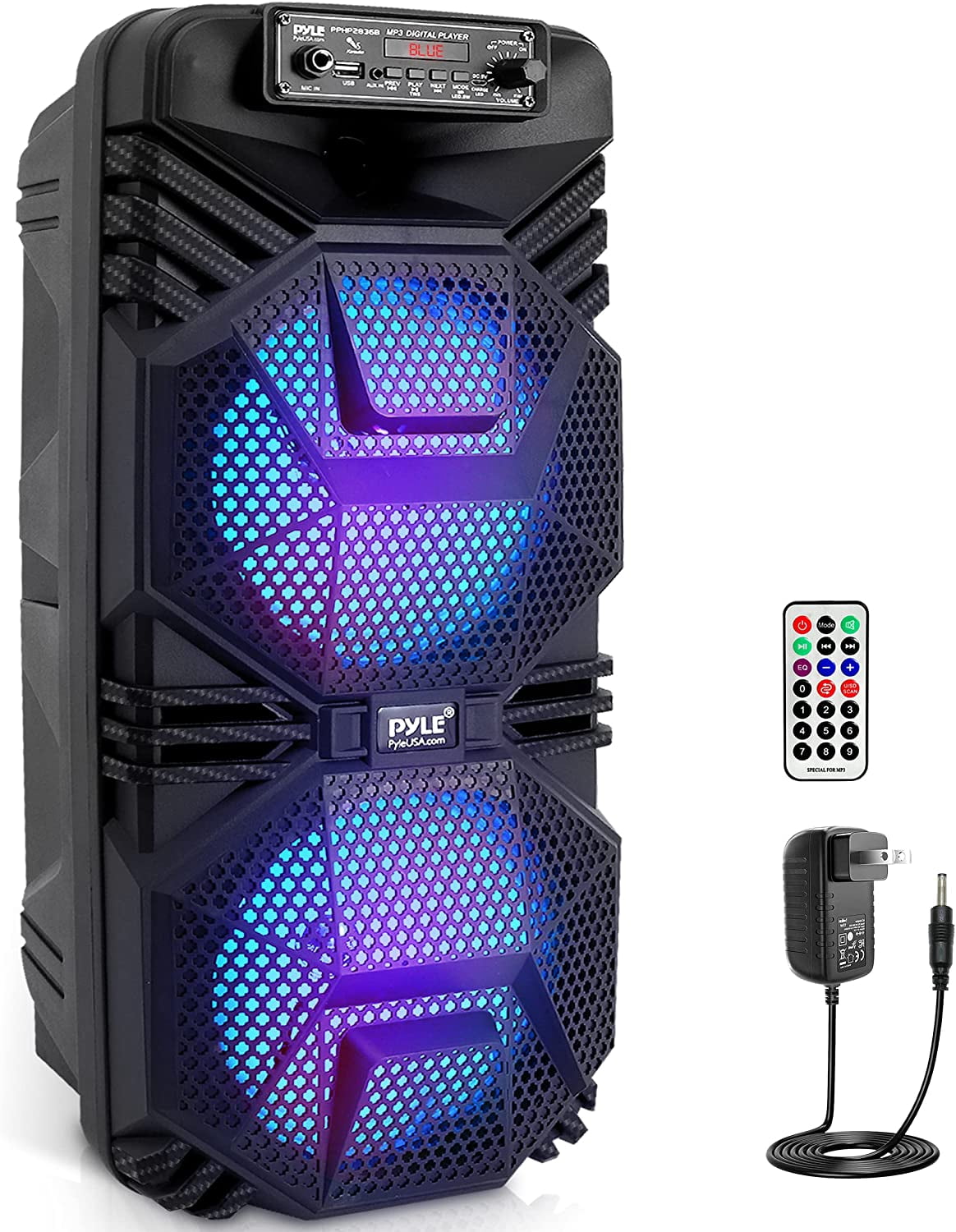 Pyle Dual 8 Bluetooth Portable PA Speaker - Portable PA & Karaoke Party Audio Speaker with Built-in Rechargeable Battery, Flashing Party Lights, MP3/USB/ /FM Radio (600 Watt MAX)