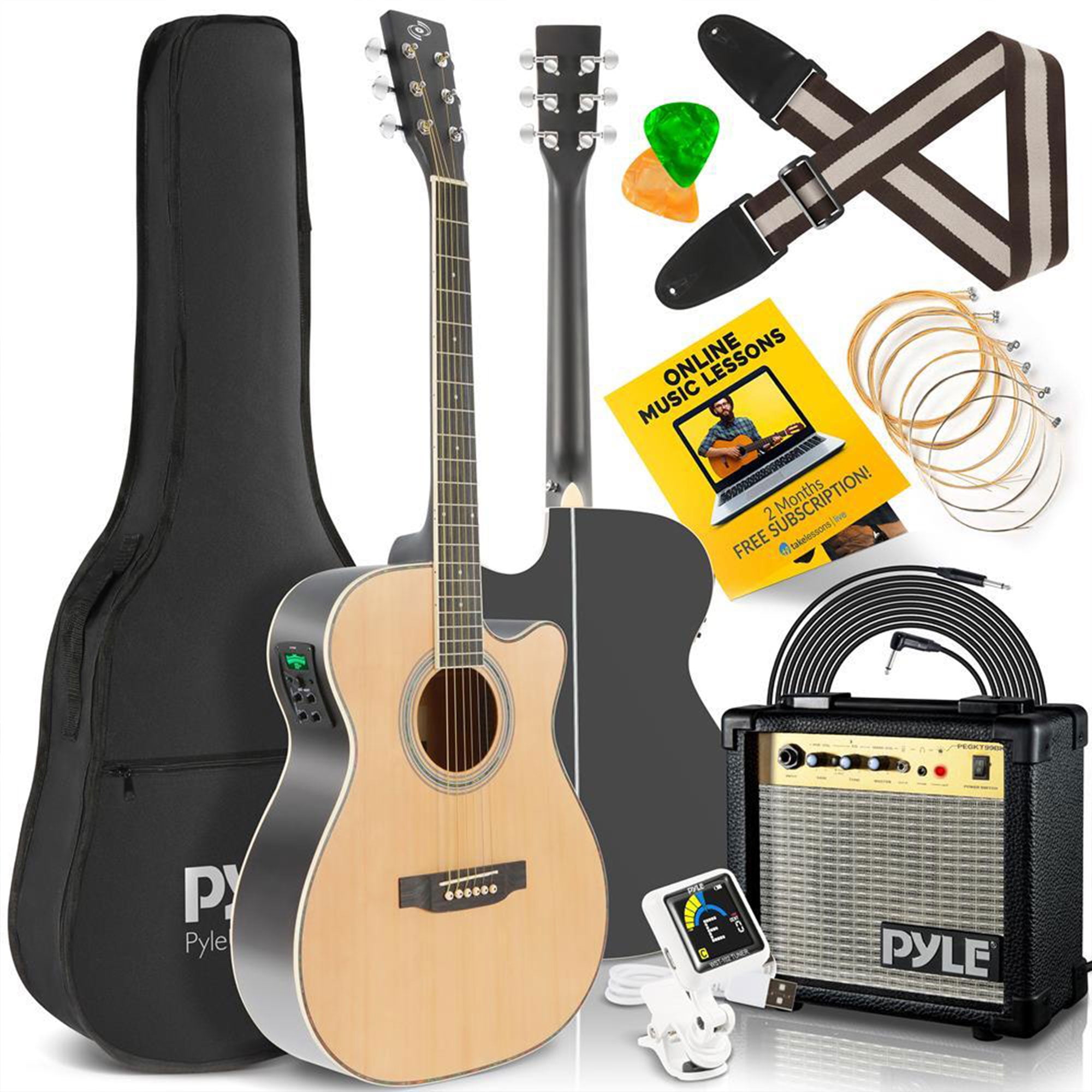 Pyle Electric Acoustic Cutaway Full Scale Spruce Wood Guitar Kit w/ Amp