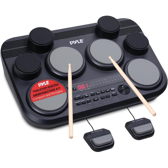 Pyle Electronic Tabletop Drum Pad Set Portable Drum Kit with 8 Touch-Sensitive Pads, Pedals, 600 Sounds, 80 Preset Kits, USB & Headphone Outputs, MIDI/AUX Inputs (Black)