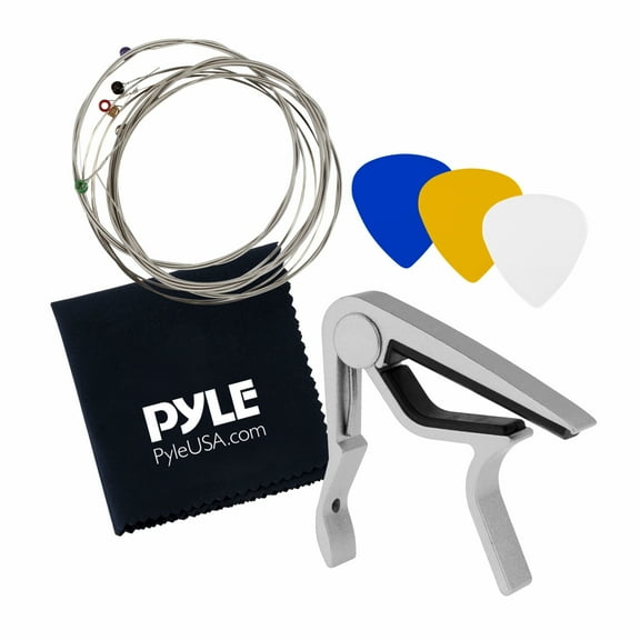 Pyle Electric Guitar Accessory Kit - Steel Strings, Full Set of Replacement, 3 pcs ABS Picks, Cleaning Cloth & Metal Capo