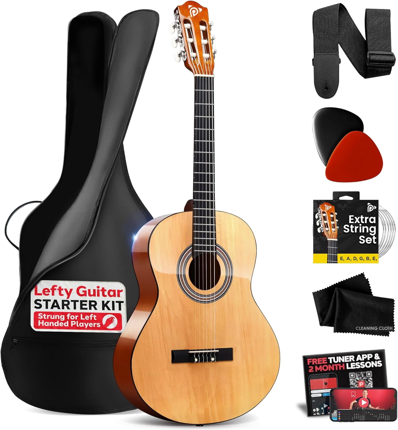 Pyle Left-Handed 3/4 Size Beginner Acoustic Guitar Kit – 36” All Wood Junior Guitar with Case, Strap, Picks, Tuner App & 2-Month Lessons (Natural Gloss)