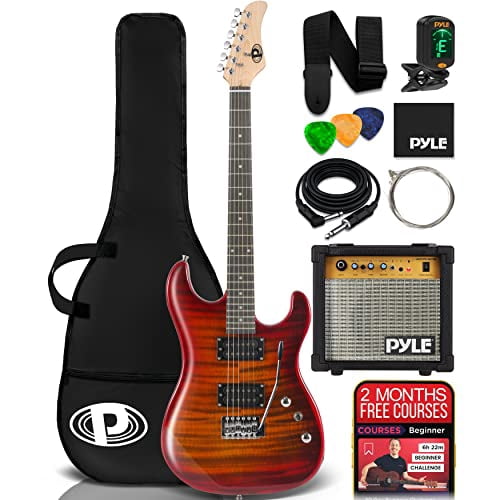 Pyle Electric Guitar Kit with Amp, Full Size Instrument with Humbucker Pickups, Guitarra Electrica Amplifier and Beginner Bundle Accessories, 39" Red