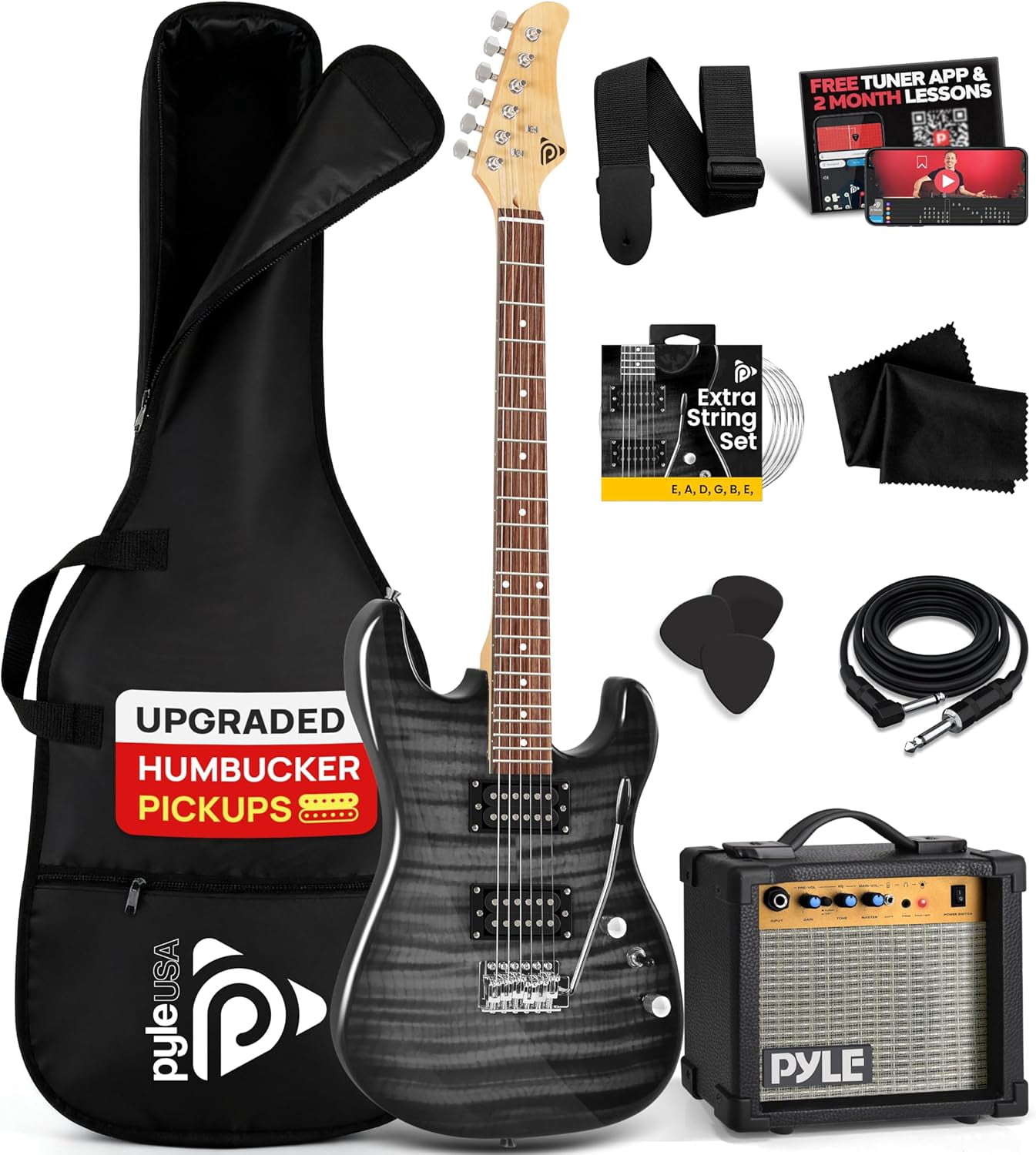 Pyle Electric Guitar Kit with Amp for Beginners – Full Size 39” Guitar, Humbucker Pickups, Rock Amplifier Starter Set for Kids, Youth & Adults