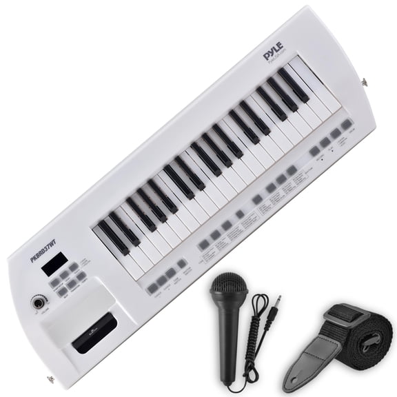 Pyle Electric Piano, 37-Key Music Keyboard, Built-in Stereo Speakers, Rechargeable Battery, Wired Microphone, Portable Design, Tones, 200 Rhythms PKBRD37WT