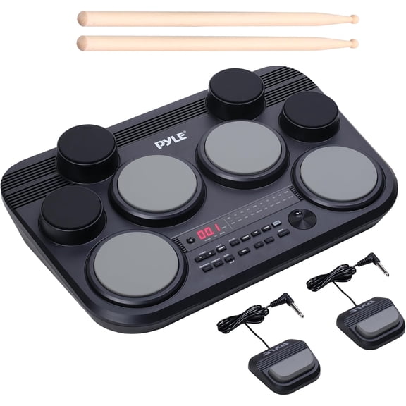 Pyle Electronic Drum Set 8 Touch-Sensitive Pads, 80 Kits, 110 Songs, USB/MIDI, Headphone Output, Compact Tabletop Electric Drum Kit, Includes Pedals And Sticks, Ideal for Practice And Performance