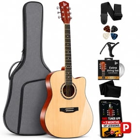 Pyle Full Size Acoustic Guitar Kit, Steel String, Dreadnought Cutaway, with Capo 41” Natural Matte