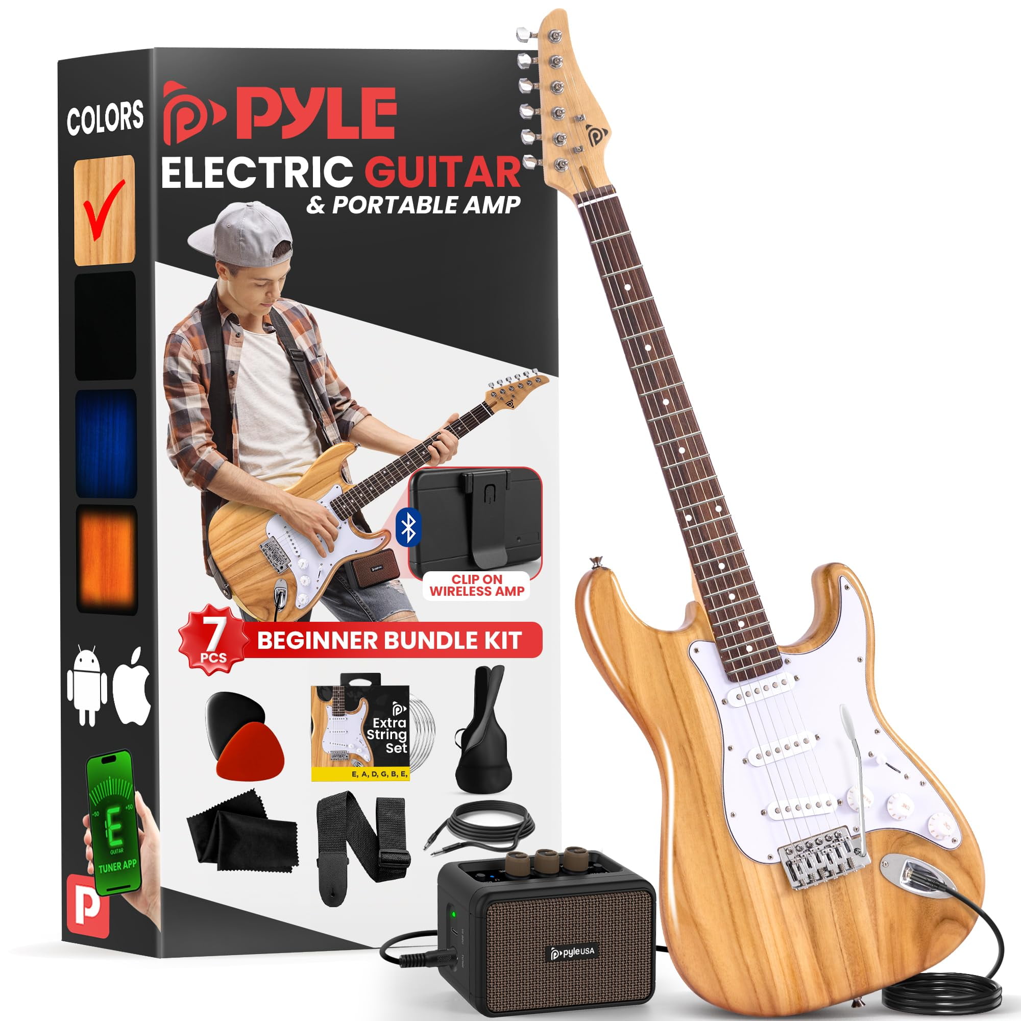 Pyle Full Size Electric Guitar Kit with 5W Amplifier, Gig Bag, Picks, Spare Strings, and Strap, ST-Style Beginner Guitar Bundle with 22 Frets, Paulownia Wood Body, Natural