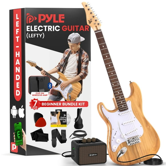 Pyle Full Size Left Handed Electric Guitar Kit with 5W Amplifier, Gig Bag, Picks, Spare Strings, and Strap, ST-Style Beginner Guitar Bundle with 22 Frets, Paulownia Wood Body, Natural