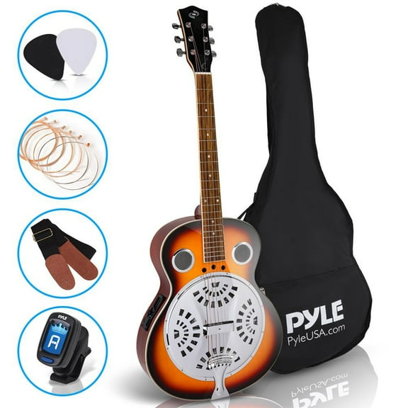 Pyle Full Size Resophonic 6 String Resonator Acoustic Guitar Kit, Sunburst Mahogany