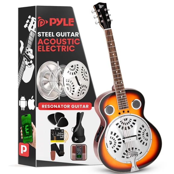 Pyle Full Size Resophonic 6 String Resonator Acoustic Guitar Kit, Sunburst Mahogany