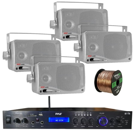 Pyle Home Theater Amplifier Audio Bluetooth MP3/USB/SD/AUX/FM Receiver System, with 4x Pyle 3.5'' 200 Watt 3-Way Weather Proof Mini Box Speakers (Silver), Enrock Audio 16-Gauge 50 Foot Speaker Wire