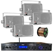 pyle home theater amplifier audio bluetooth mp3/usb/sd/aux/fm receiver system, with 4x pyle 3.5'' 200 watt 3-way weather proof mini box speakers (silver), enrock audio 16-gauge 50 foot speaker wire