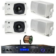 Pyle Home Theater Amplifier Audio Bluetooth MP3/USB/SD/AUX/FM Receiver System, with 4x Pyle 3.5'' 200 Watt 3-Way Weather Proof Mini Box Speakers (White), Enrock Audio 16-Gauge 50 Foot Speaker Wire