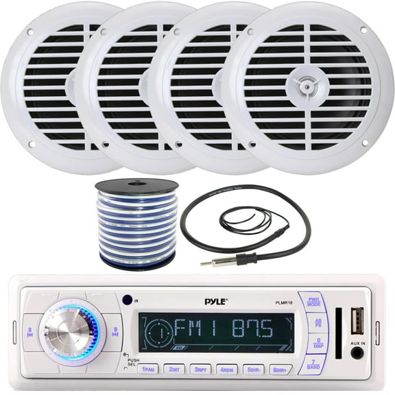 Pyle In-Dash Marine Boat AM/FM USB AUX Headunit Stereo Receiver, 4 x 6.5'' Dual Cone Full-Range 120W White Audio Speakers, 18-Gauge Speaker Wire, Universal 22" Wired Radio Antenna