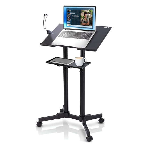 Pyle Lectern Podium Stand Adjustable Height Mobile Presentation Podium with Top & Bottom Shelf, LED Reading Light, Locking Wheels, Portable Rolling Desk for Classrooms