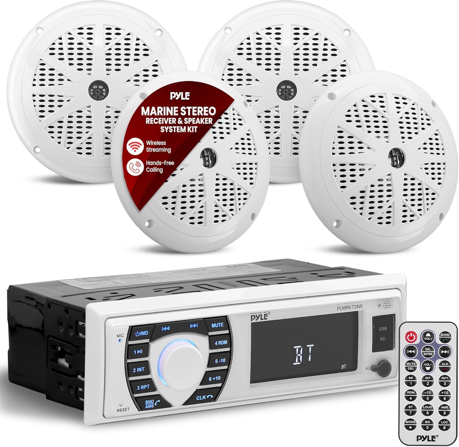 Pyle 300W Bluetooth Marine Stereo Receiver & Speaker System Kit, 4x 6.5” Waterproof Speakers (White)